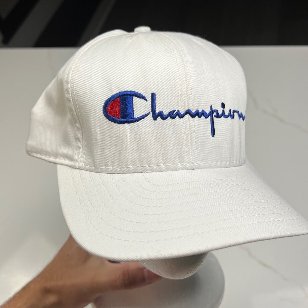 Champion Snapback Hat Mens White Script Logo Green Underbrim Made in USA